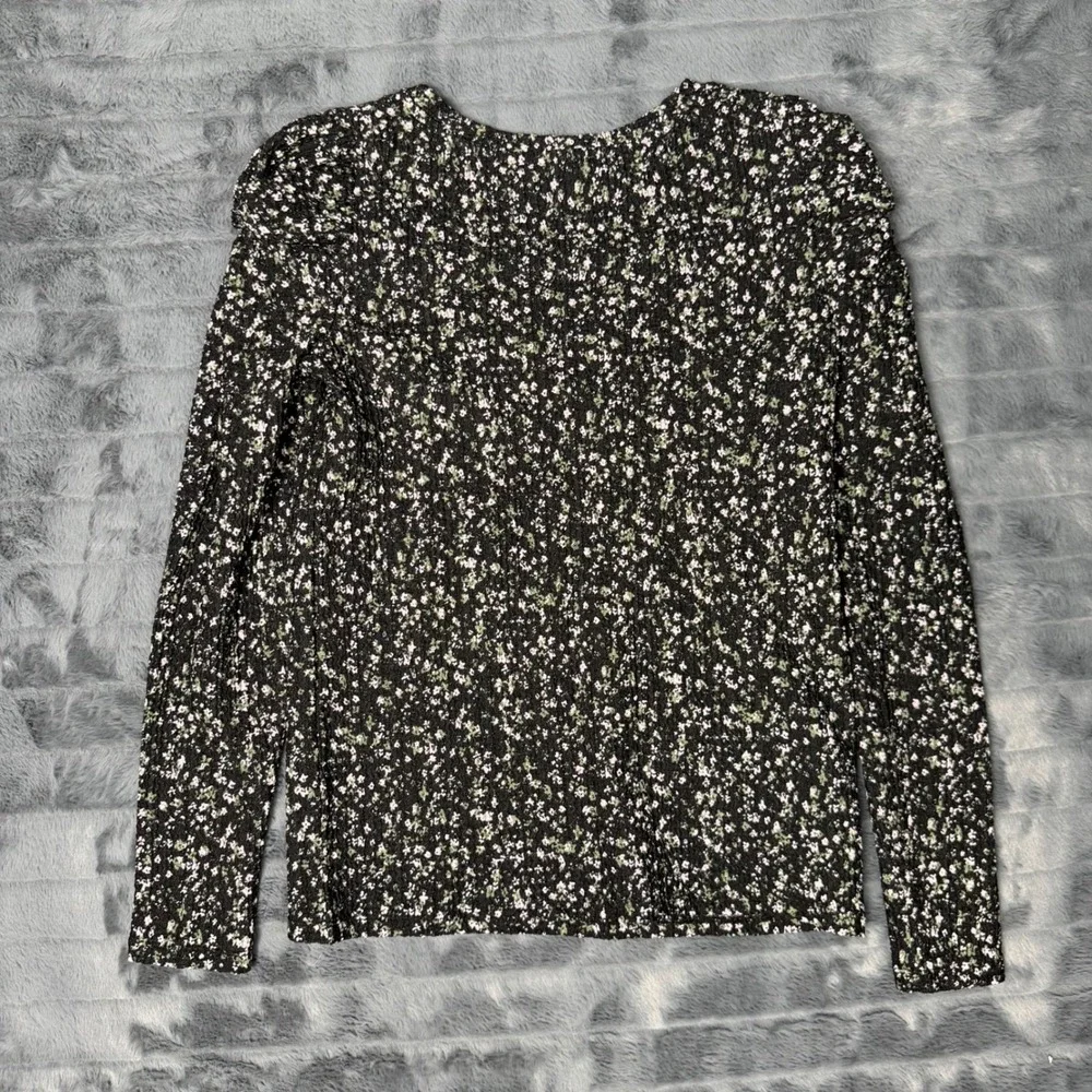 LOFT Womens Small Black Floral Puff Shoulder Long Sleeve Top Crew Neck Blouse